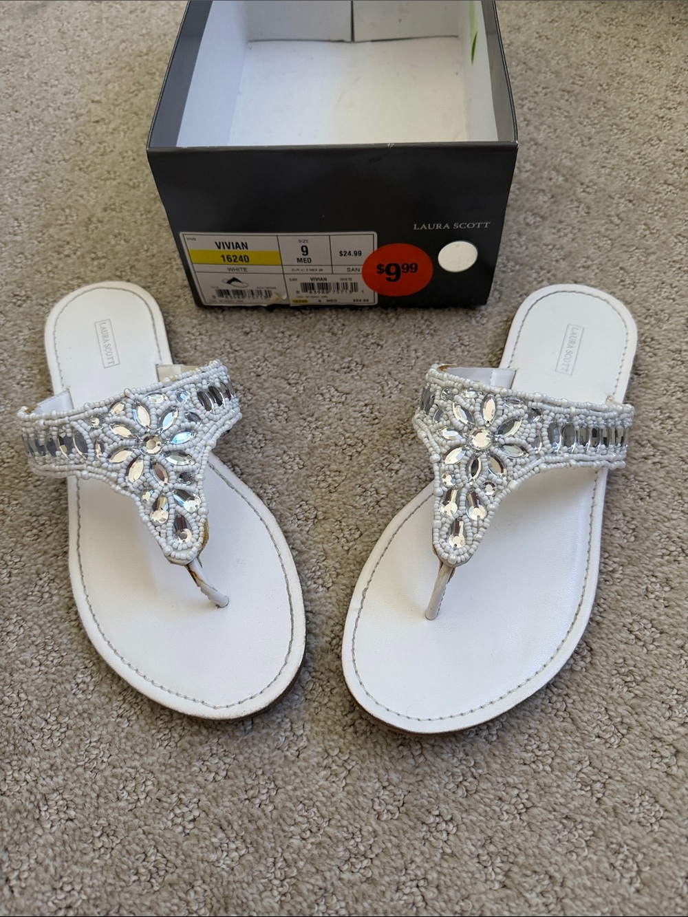 Laura Scott White Jeweled T-strap Sandals